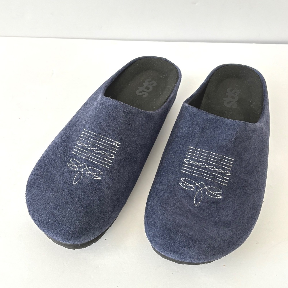 SAS Womens Slippers Slip on Suede 8 M Navy Blue Rubber Sole Made in USA